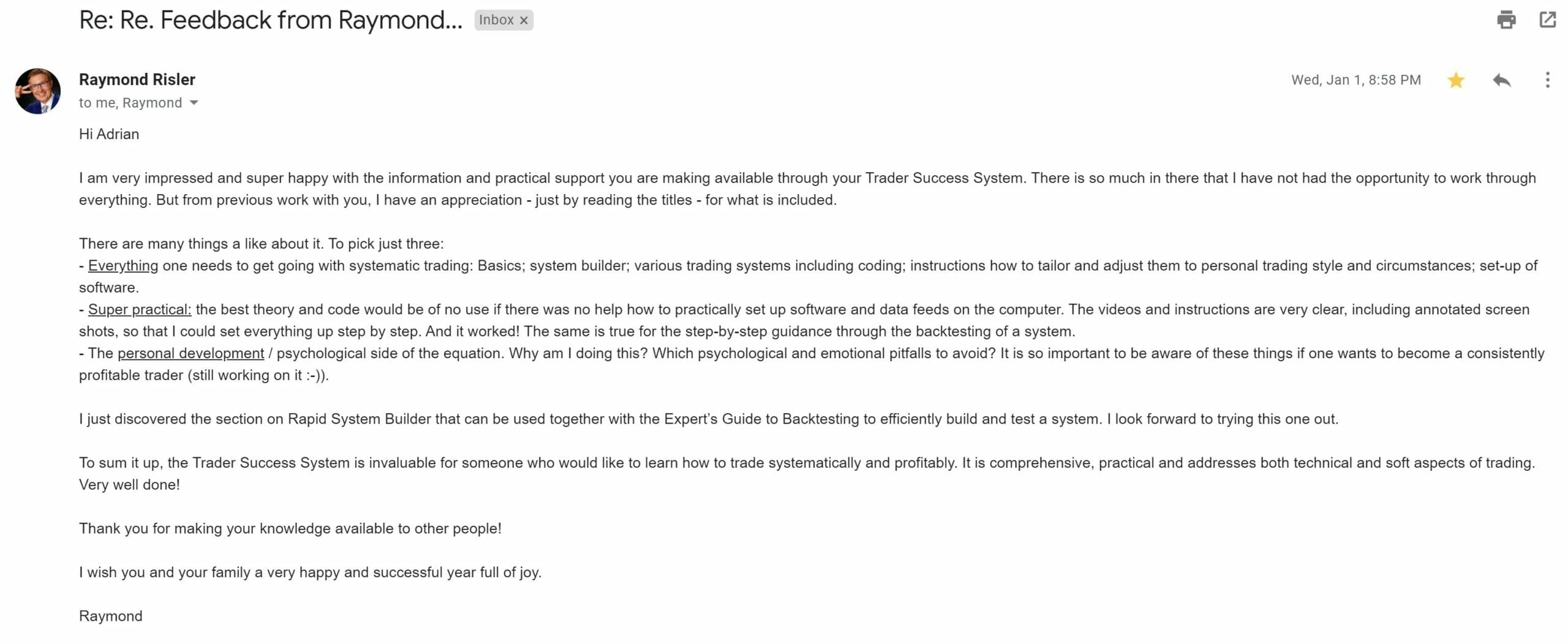 Enlightened stock trading - testimonial -raymond r