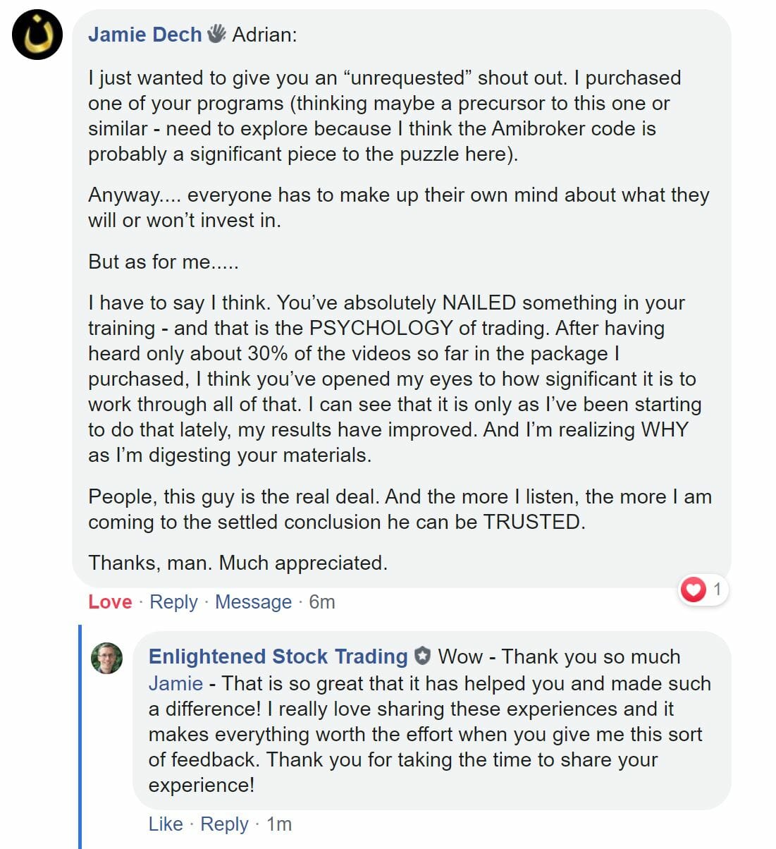Enlightened stock trading - testimonial on facebook-jamie d