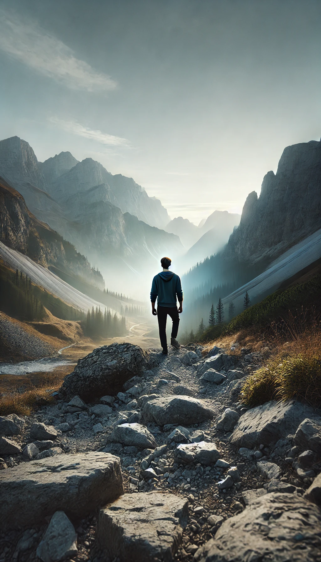 Dalle 2024-09-23 171341 - a realistic photograph of a person standing on a rocky path in a misty valley surrounded by mountains the person is looking ahead with determination