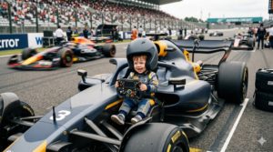 Toddler in a formula 1 car