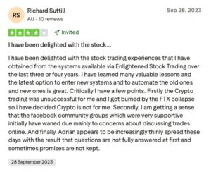 Review by richard suttill (rs) with avatar, showing a 4/5-star rating and an 'invited' badge, dated sep 28, 2023; includes a lengthy positive testimonial about stock trading experiences and lessons learned.