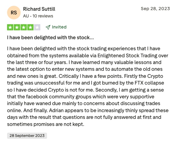 Review by richard suttill (rs) with avatar, showing a 4/5-star rating and an 'invited' badge, dated sep 28, 2023; includes a lengthy positive testimonial about stock trading experiences and lessons learned.