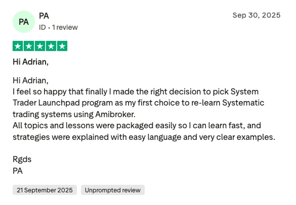 Review by pa with a green avatar circle and five stars, dated sep 30, 2025, praising system trader launchpad.