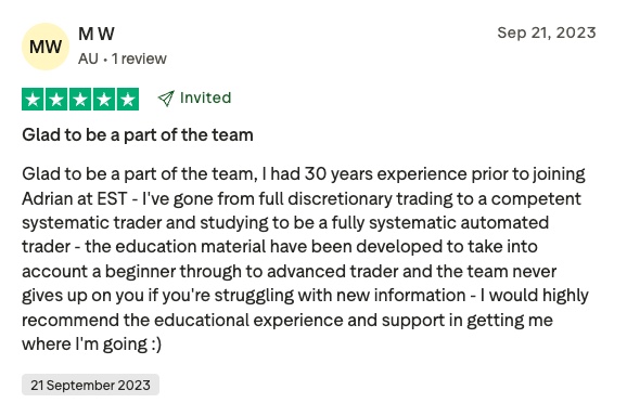Mw’s five-star testimonial: 'glad to be a part of the team' with a detailed paragraph about joining and support.