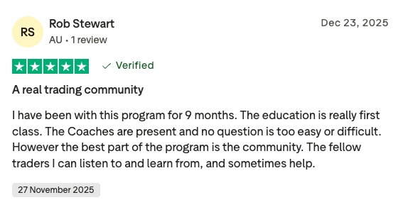 Review by rob stewart (au) with 1 review, dec 23, 2025, shows five green stars and a verified badge. Title: 'a real trading community'. Excerpt praising the program's education and especially the supportive community.