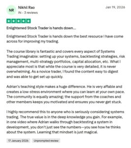 Enlightened stock trading - trustpilot review - nikhil rao | enlightened stock trading Five-star user review by nikhil rao (jan 19, 2026) praising enlightened stock trader with a detailed testimonial text.