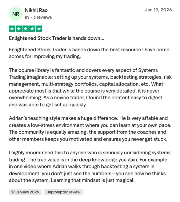 Five-star user review by nikhil rao (jan 19, 2026) praising enlightened stock trader with a detailed testimonial text.