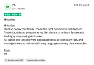 Testimonial card: 5-star review from pa dated sep 30, 2025 praising system trader launchpad and easy-to-understand trading lessons for adrian