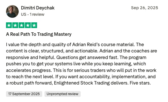 Review by dimitri devchak (sep 26, 2025): 5 stars for 'a real path to trading mastery' praising clear, structured content and responsive coaching.