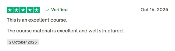 Course review with five green stars and a verified badge: title 'this is an excellent course. ' subtitle 'the course material is excellent and well structured. ' dated oct 16, 2025.