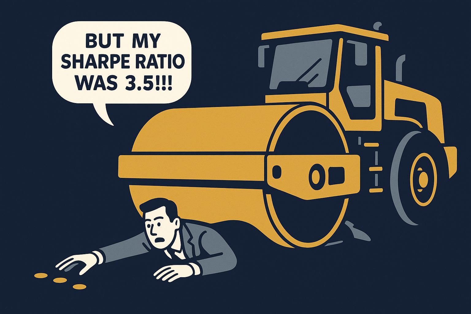 Sharpe ratio tail risk cartoon - trader crushed by a steamroller picking up pennies, insisting his sharpe ratio was 3. 5