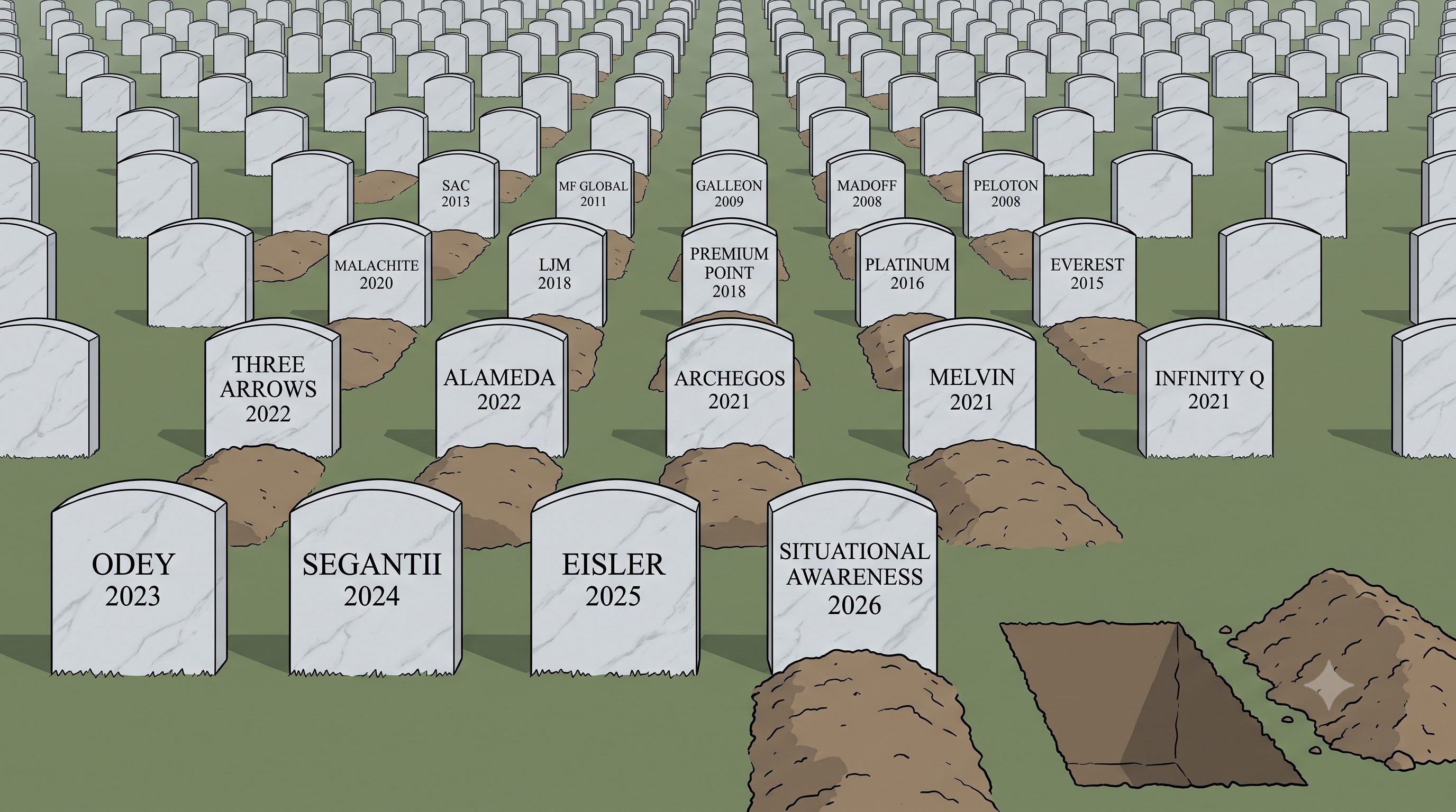 Hedge-fund-graveyard-6-graveyard | enlightened stock trading Illustration of a hedge fund graveyard with headstones naming the biggest hedge fund blow-ups and a freshly dug open grave